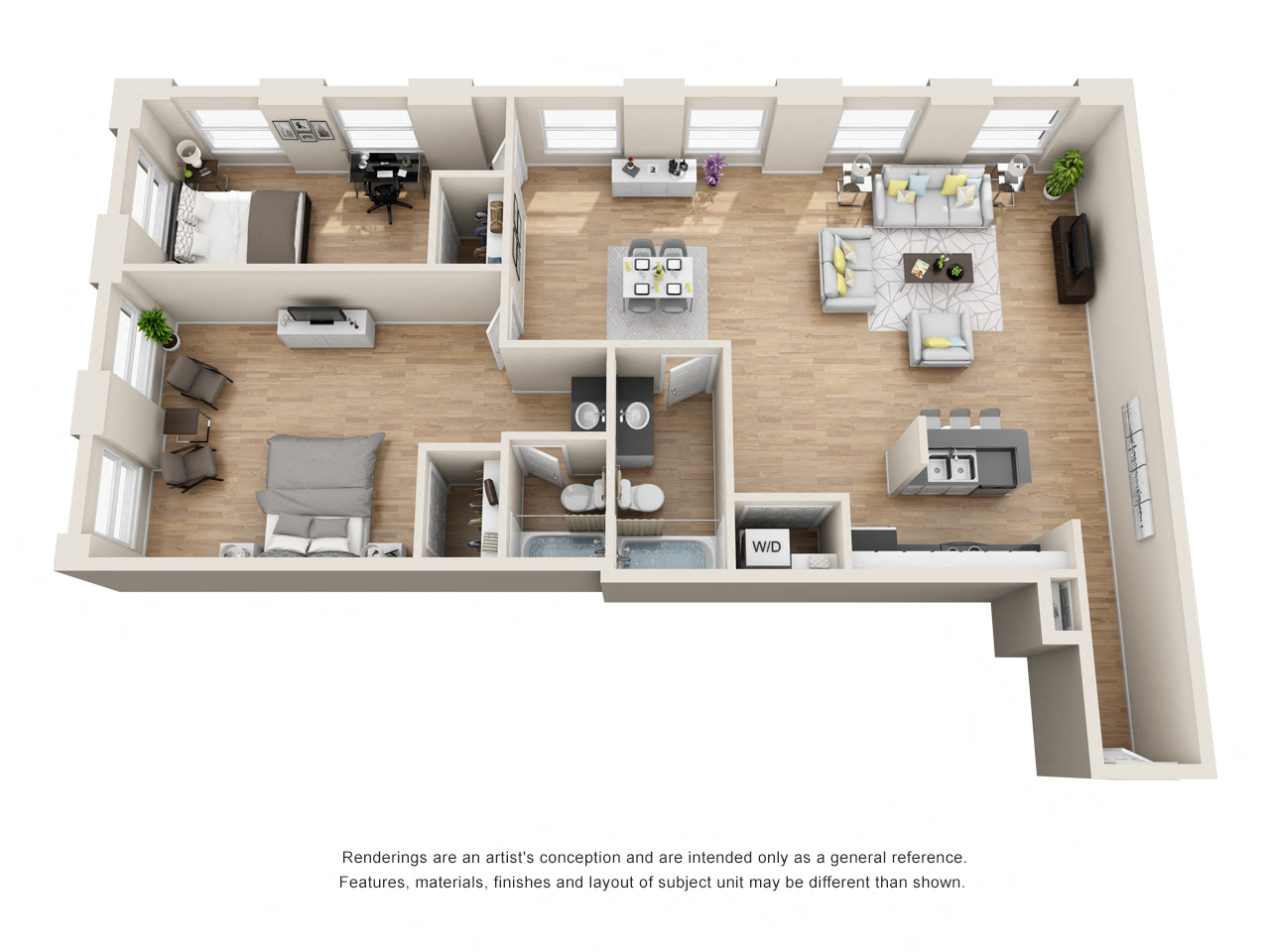 Floor plan for 2 beds, 2 baths, 1232 sqft